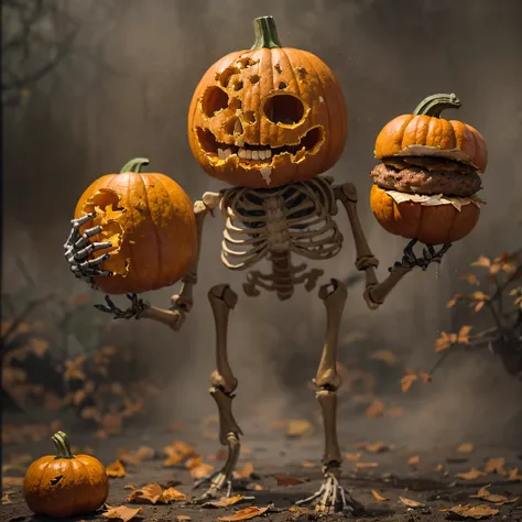 burger king openwork sandalwood material（best qualtiy，8k pumpkin burger king,masterpiece）when the skeleton pumpkin appears，only ...