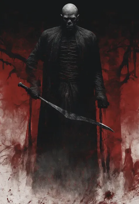 A black shadow man with a blood-red sword in his hand and a footless corpse