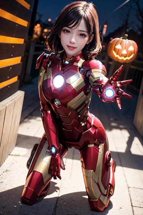 masterpiece, top-quality, top-quality, beautifully aesthetic:1.2, 1girl, halloween night, ((wearing a high-quality ironman suit)...