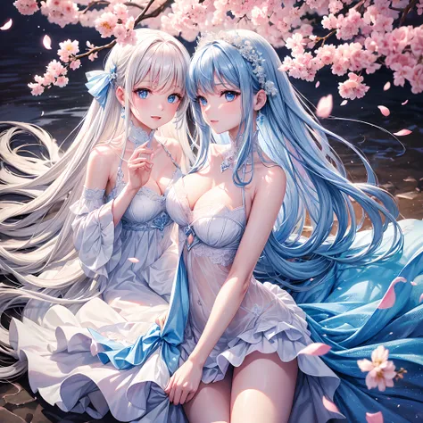 cherry_blossoms, Falling_petals, petals, branch, Pink_flower, 1girll,20yr old, Blue_sky, Spring_(season), petals_On_Liquid, flower, hanami, dress, (Long straight blue hair：1.5), Wear a garland, sky,exteriors，​​clouds，By bangs，ssmile，Blue eyes，White wedding...