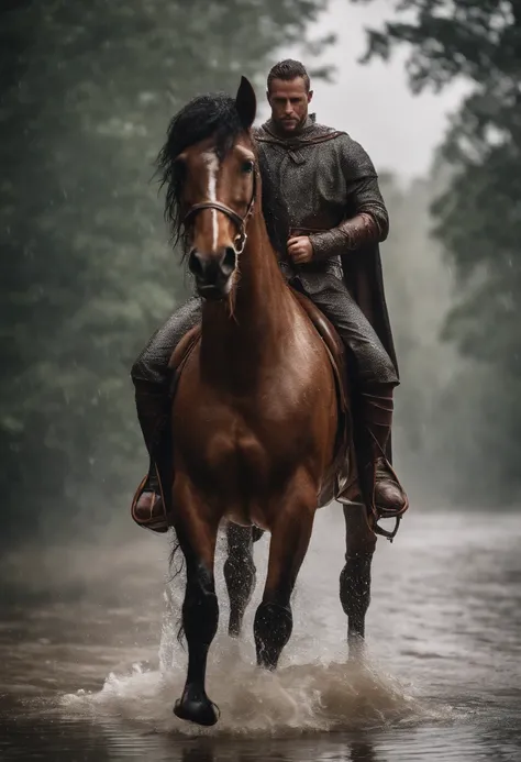 detailed realistic photo of strong male anthropomorphic bipedal horse warrior soaked wet in rain, visible erect horse penis, realistic wet fabric, realistic wet fur, full body view, flirty pose