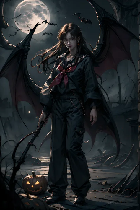 (halloween vampire theme:1.3), eldritch monster, full-body photo of a (elegant) vampire woman standing on rooftop under red full...