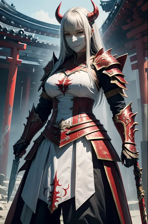 (Female Ghost Attendant)、Demon Mask、Super beauty、Red Armor Solo Adult Demon Woman、Like the whole body、(Armed with a long and large spear)、Mature big female ghost。Sturdy jaw(Like the real thing)、Stand facing the front、demon armor、magnificent artwork、((Kyoto...