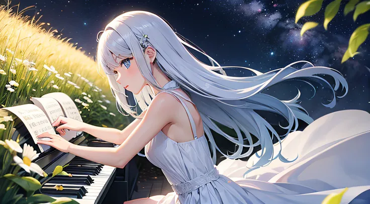 anime girl playing the piano, meadow, universe, galaxy, light particles, white dress, masterpiece