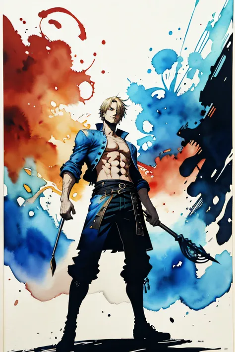 Vinsmoke Sanji from anime,1boy, looking at viewer, high-tech clothes, standing pose, from below, fantasy, high contrast, ink strokes, explosions, over exposure, impression , abstract, ((watercolor painting by John Berkey and Jeremy Mann)), brush strokes, n...