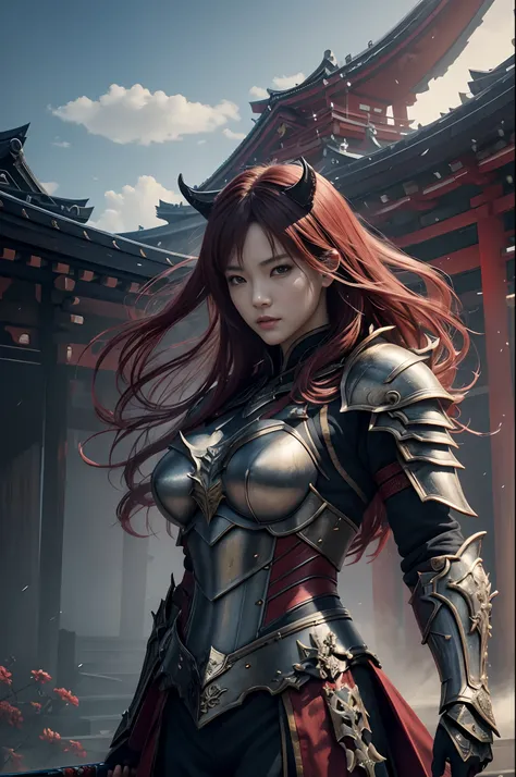 (Female Ghost Attendant)、Demon Mask、Super beauty、Red Armor Solo Adult Demon Woman、Like the whole body、(Armed with a long and large spear)、Mature big female ghost。Sturdy jaw(Like the real thing)、Stand facing the front、demon armor、magnificent artwork、((Kyoto...