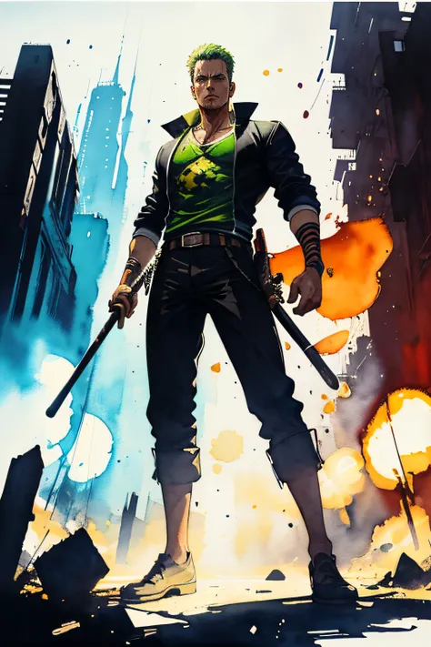 Roronoa Zoro from anime,1boy, looking at viewer, high-tech clothes, standing pose, from below, fantasy, high contrast, ink strokes, explosions, over exposure, impression , abstract, ((watercolor painting by John Berkey and Jeremy Mann)), brush strokes, neg...