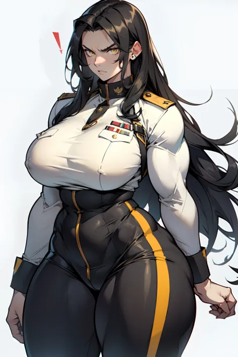 solo, 1 girl, (very long hair), black hair, angry, yellow eyes pale skin (wide hips thick thighs curvy muscular toned body bodybuilder huge tits) ((military uniform))