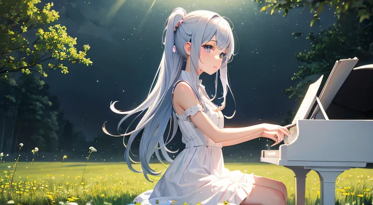 cute anime girl playing the piano, meadow, universe, galaxy, light particles, white dress, masterpiece