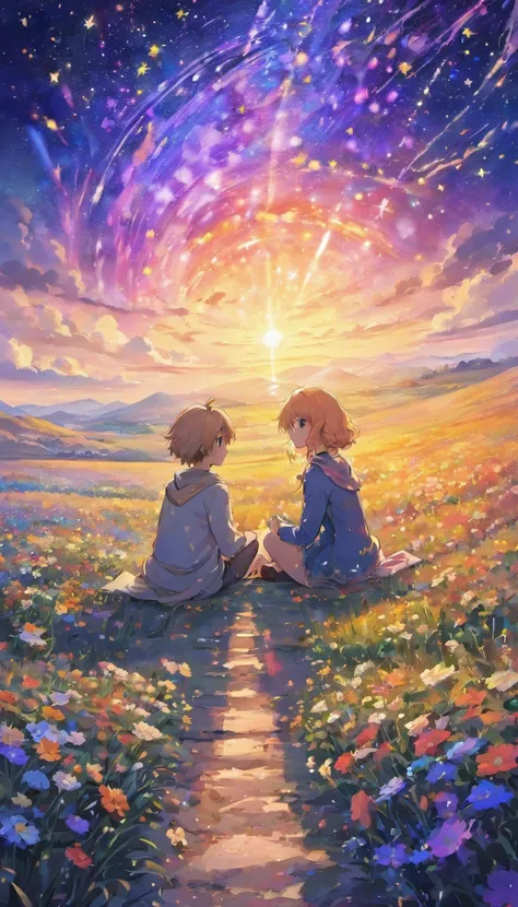 Fantastic flower fields . Jewel-like starry sky . Couple sitting, back view , high quality images down to the smallest details. Fantastic landscape . People large .