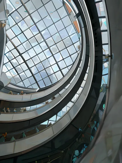 Alafid view of circular glass ceiling，There is a clock on it, View from below, rounded architecture, view up, large glass ceilings, glass dome, look from down, glass ceilings, Under the glass dome, rounded ceiling, huge glass structure, on a futuristic sho...