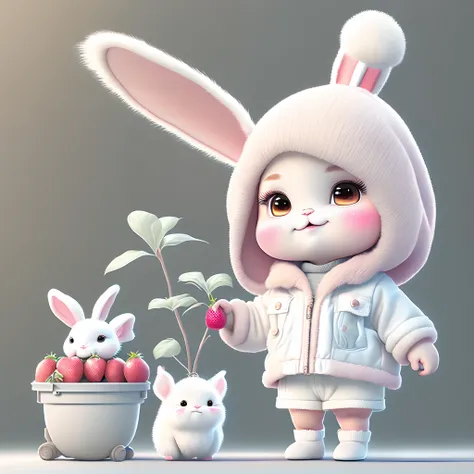 Pixar style, cute cartoon of girl with white cargo pants and a pink crop top, big brown eyes and strawberry blonde hair, plants around her, a white and grey bunny to her side, poster, photo, 3D render, fashion, pixar logo