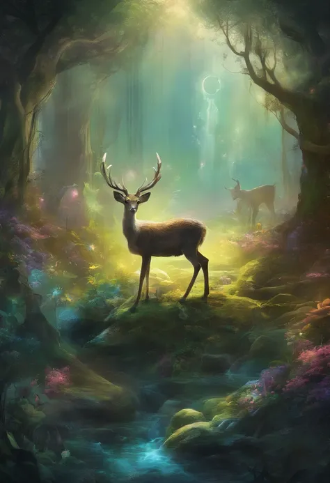 （Enchanted Forest 7，Magical creatures，（glowing mushrooms），sparkling waterfalls，fantasy，Leonora Carrington，a fantasy forest，Hazy perspective，sunlight filtering through the trees，（Glowing sika deer），Rich in color，assignment，light and shadow effect，k hd，tmast...