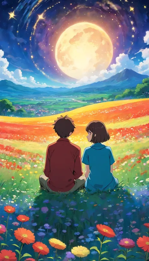 Fantastic flower fields . Jewel-like starry sky . Couple sitting, face not visible in the back view , high quality image down to the smallest detail. Fantastic landscape . People large .