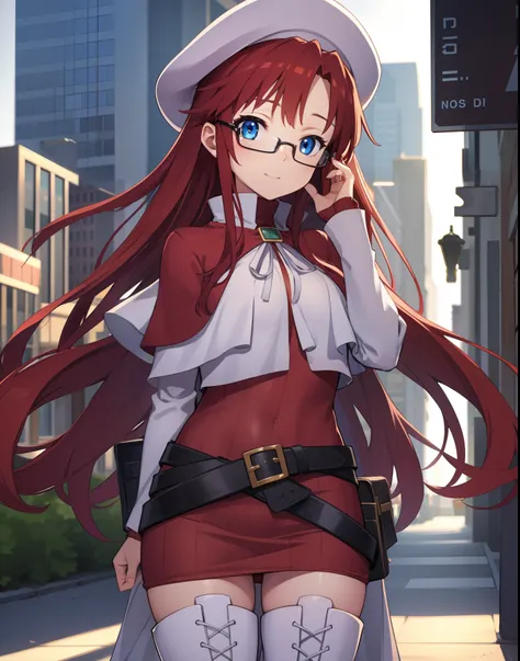 summonnightaty, aty, long hair, blue eyes, red hair, beret, hat, glasses,
BREAK long hair, thighhighs, hat, dress, boots, glasses, belt, cape, sweater, zettai ryouiki, beret, thigh boots, white footwear, ribbed sweater, loose belt,,
BREAK looking at viewer...