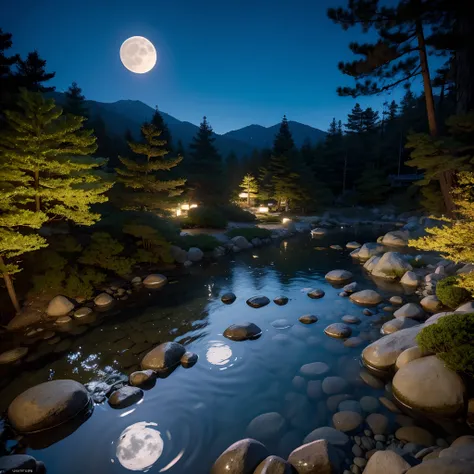 A full moon hangs in the sky，The light of the moon spreads among the pine forests，There is a clear spring in Matsuma，Spring water flows slowly on the stones，It creates a peaceful atmosphere，Wide-angle photography lens，Super realistic，Photorealistic and rea...