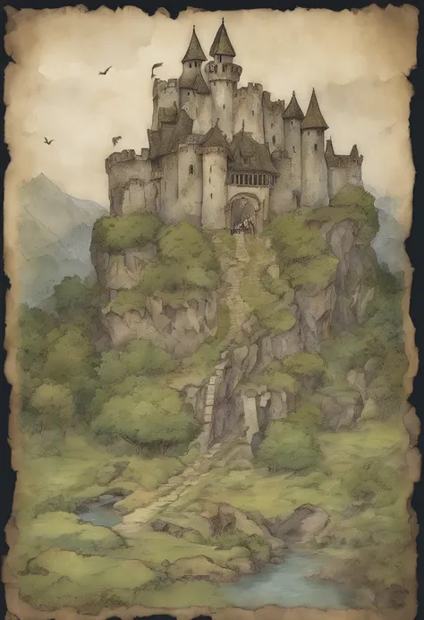 In the style of Ernie colons. A large stone fortress covered in moss and dilapidated. The castle is similar in style to those used in the 13th century. Its located in a feild with a dark eerily gray sky. The image is done in muted watercolors