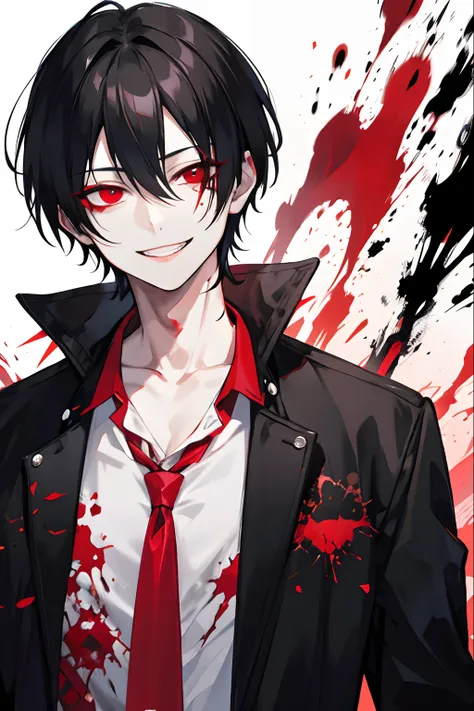 red eye black hair boy turning into zombie and smiling psycho