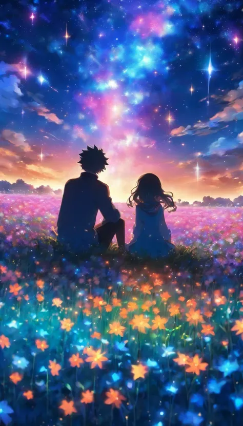 Fantastic flower fields . Jewel-like starry sky . Couple sitting, face not visible in the back view , high quality image down to the smallest detail. Fantastic landscape . People large .