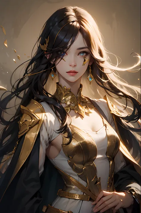 CG illustration, female, dressed elegantly, long hair with bangs, hair clips, two tone eyes, one eye gold in color and other eye black in color, fantasy background