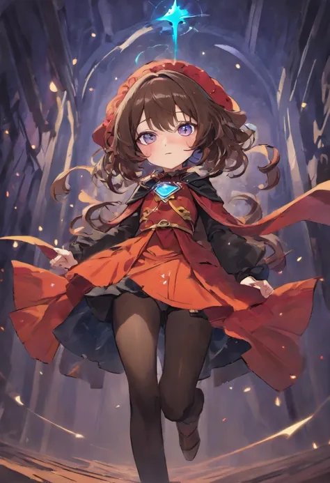 a 14 girl with a classical witch attire. She has shoulder-length dark brown hair and crimson-colored eyes. She wears a black cloak, a red robe, orange boots and a black wizard’s hat, all with gold border and trimmings, along with a black choker, belt and f...