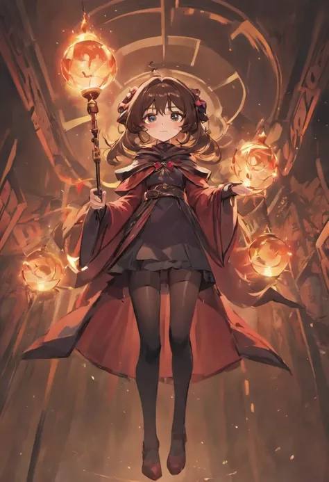 a 14 girl with a classical witch attire. She has shoulder-length dark brown hair and crimson-colored eyes. She wears a black cloak, a red robe, orange boots and a black wizard’s hat, all with gold border and trimmings, along with a black choker, belt and f...