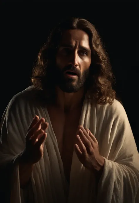 an image of a frightened jesus christ, astonished countenance, hyper realistic, 8k, cinematic, super detailed, black background, stunning, breathtaking beauty, pure perfection, divine presence, unforgettable, volumetric light, auras.