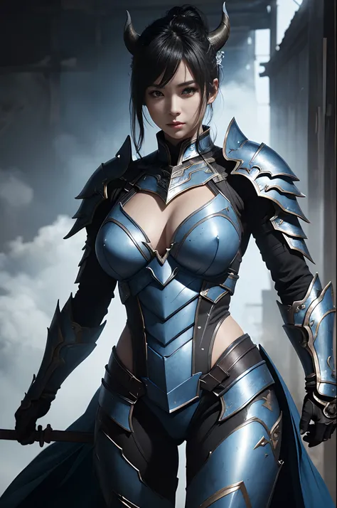 (Female Ghost Tender)、Demon Mask、Super Beauty、Blue Armor Solo Adult Devil Woman、Like the whole body、Big chest muscles and macho figure,Split abs,(Armed with a long and large spear)、Ghost of a mature big woman。Sturdy jaw(realisitic)、Stand facing the front、B...