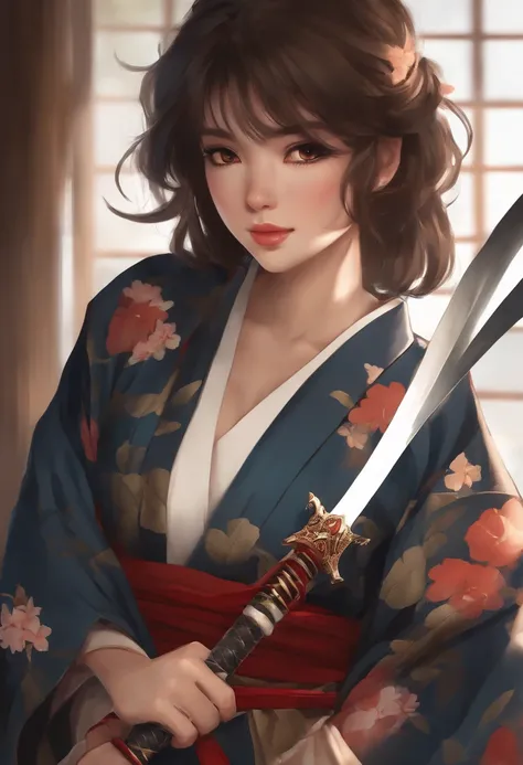 1girl, solo, japanese clothes, short hair, weapon, sword, brown eyes, looking at viewer, kimono, brown hair, lips, hand on hip, sheath, smile, katana, black hair, upper body, biting lip, sheathed, hand up