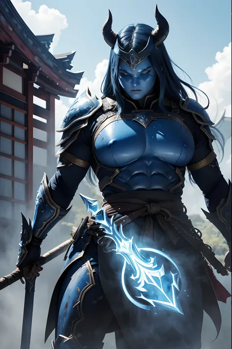 (Female Ghost Tender)、Demon Mask、Super Beauty、Blue Armor Solo Adult Devil Woman、Like the whole body、Big chest muscles and macho figure,Split abs,(Armed with a long and large spear)、Ghost of a mature big woman。Sturdy jaw(realisitic)、Stand facing the front、B...