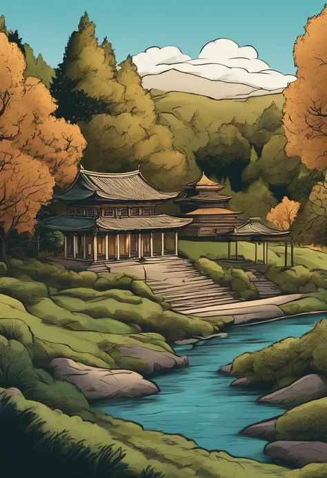 There are several hills in the background，There are several large trees next to the small pavilion，4k，Illustration style，comic strip