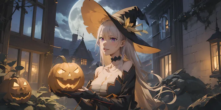 reona, (long hari, silver hair:1.5), purple hair, hair ornament, breasts, epic art, fantasy, jack-o-lantern, 1girl, hat, breasts, pumpkin, solo, halloween, witch_hat, cleavage, moon, large_breasts, bare_shoulders, hair_between_eyes, blush, choker, night, l...