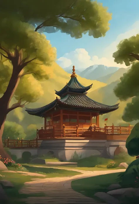 There are several hills in the background，There are several large trees next to the small pavilion，Cute illustration style，