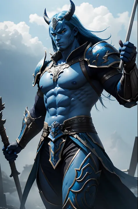 (Female Ghost Tender)、Demon Mask、Super Beauty、Blue Armor Solo Adult Devil Woman、Like the whole body、Big chest muscles and macho figure,Split abs,(Armed with a long and large spear)、Sexy mature big female ogre。Sturdy jaw(realisitic)、Stand facing the front、B...