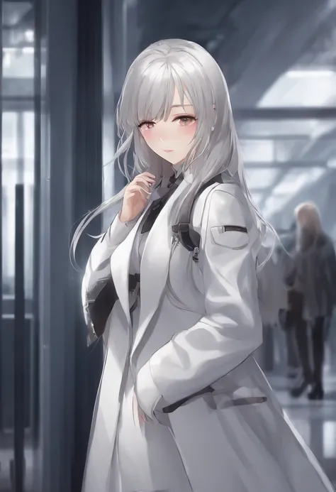 Anime girl with long hair and white coat standing in the hallway, girls frontline style, from girls frontline, from arknights, portrait anime space cadet girl, Cute anime girl, Anime visuals of cute girls, silver hair girl, an anime girl, Anime Mecha Aesth...