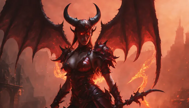 Beautiful Succubus Warrior wearing devil Armour Holding a trident infused with demon blood, glowing light eyes, detailed Demon wings, post-apocalyptic hell underworld, hell as described in bible, Realism, god rays, highres, 16k, best quality, super detail