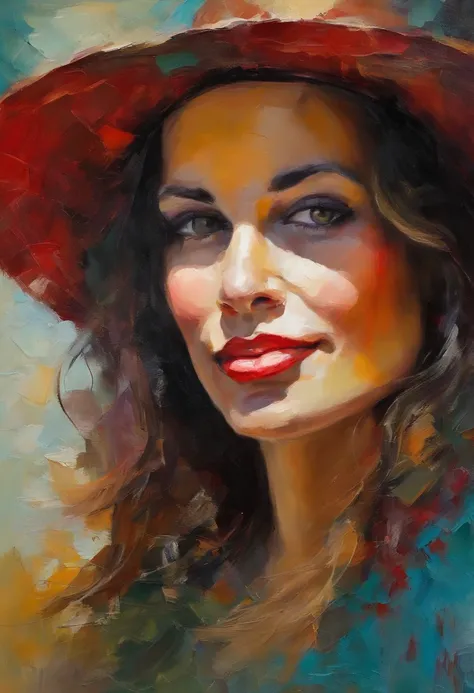 retrato feminino, mulher muito bonita, longos cabelos pretos, olhos sorridentes, olhando bem para o ponto de vista, red hat, acrylic painting, Pincelada arrojada e expressiva, estilo impressionista, Rosto detalhado, epic background, Specialized lighting an...