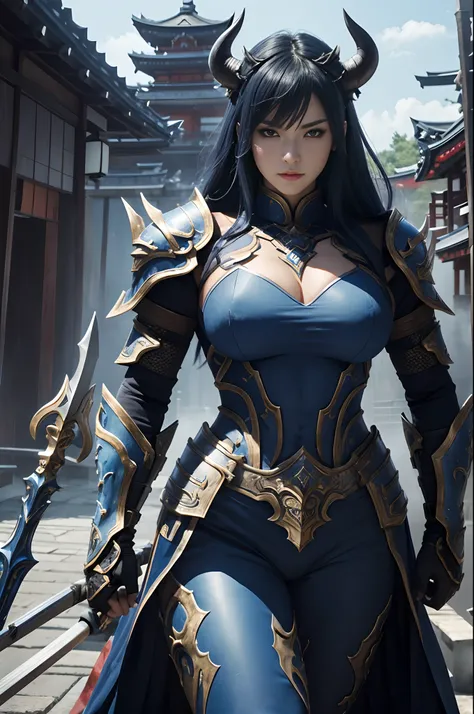 (Female Ghost Tender)、Demon Mask、Super Beauty、Blue Armor Solo Adult Devil Woman、Like the whole body、Big chest muscles and macho figure,Split abs,(Armed with a long and large spear)、Super sexy mature big female ogre。Sturdy jaw(realisitic)、Standing glossily ...