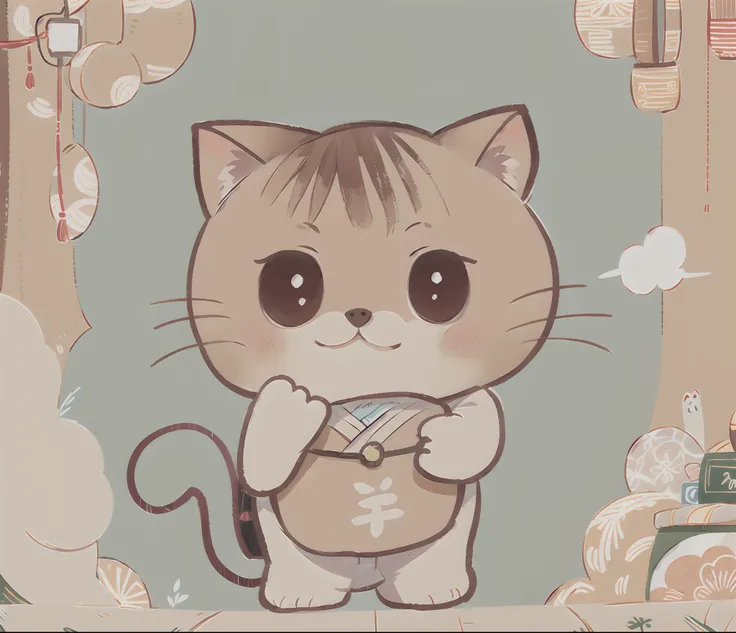 A cat with a wallet，Warm colors，Japanese cartoon style