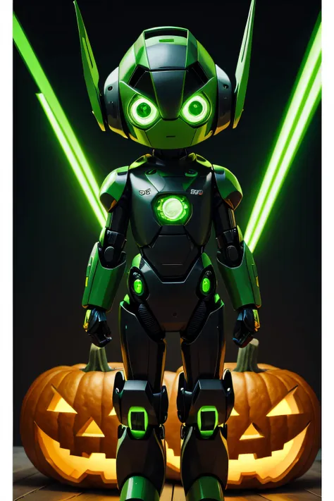 A cute little futuristic green colored robot with green laser eyes in a futuristic universe for the pumpkin Halloween party