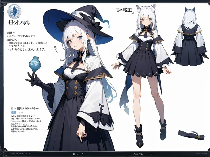 （tmasterpiece，best qualtiy）A detailed，People table，Character sheet，Lots of items（The same person，Does not cover the head，Nice looking skirt，Witch hat，many parts），A cute girl with cat ears，big breasts beautiful，No chest leakage，white color hair，be full of d...