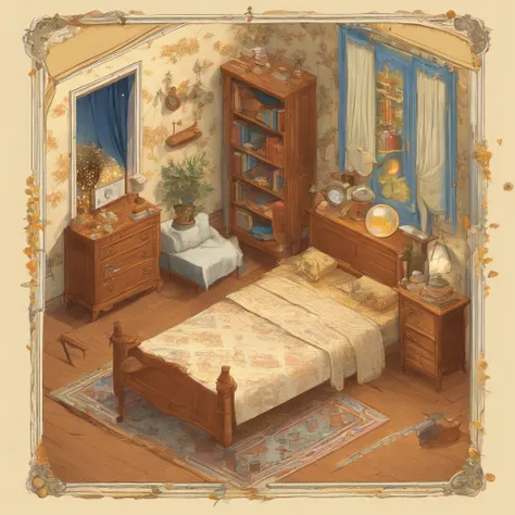 Inside (a light wood-colored bed with white sheets, yellow pillows and blue duvet), (a light wood-colored desk with a pencil, a notebook and a textbook), (a light wood-colored chair in front of the desk), There is a room with (a child sitting on a chair an...