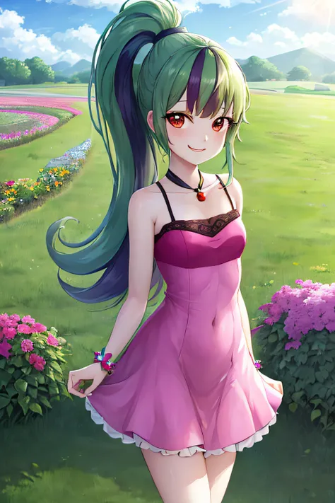 mlpsonata, smile, flower garden, ponytail, one piece dress, jewelry, bracelet, farm, meadow, sky, clouds, sun, sunlight, thin bo...