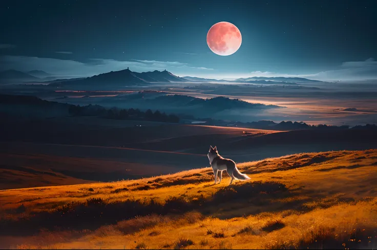 (best quality, highres, realistic:1.37), detailed landscape, red moon, wolf howling, hilltop view, distant photograph, vivid colors, moonlit night, serene atmosphere, landscape photography, moon gaze