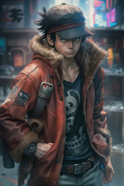 Monkey D Luffy from anime, 1boy, (top-quality、8K、32K、​masterpiece、)、(The ultra -The high-definition)、(Photorealsitic:1.4)、Raw photography,Perfect eyes,Charming perfect figure,actionpose:1.2,Detailed cyberpunk fashion、World of Cyberpunk,depth of fields,blur...