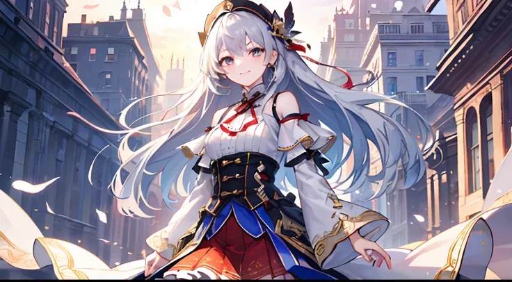 (tmasterpiece、top-quality、illustratio、Extremely high quality、high-level image quality、Extremely sensitive writing)Girl with long silver hair standing、A slight smile、Cute national costume style dress，There are ruffles on the shoulders、Hair fluttering in the...