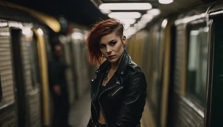 punk girl posing for a photo in a subway, punk fashion, beautiful punk woman, night shooting, subway lights, ultra detailed.