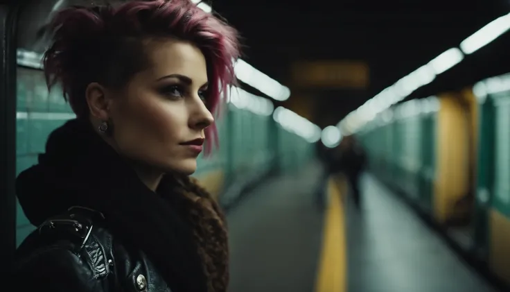 punk girl posing for a photo in a subway, punk fashion, beautiful punk woman, night shooting, subway lights, ultra detailed.