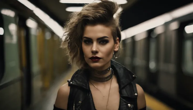 punk girl posing for a photo in a subway, punk fashion, beautiful punk woman, night shooting, subway lights, ultra detailed.