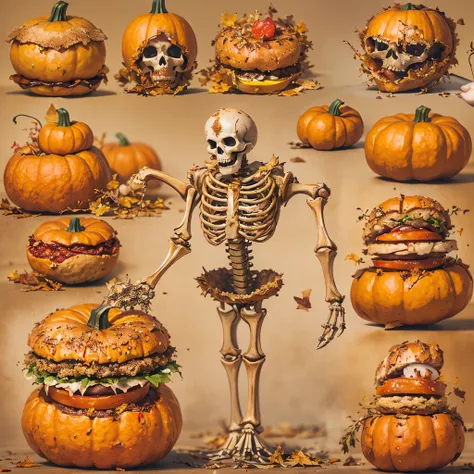 Burger King openwork sandalwood material（best qualtiy，8K Pumpkin Burger King,Masterpiece）When the skeleton pumpkin appears，Only heard, unseen，Pumpkin Burger King explodes，That whistle echoed for a long time，Its like a prelude to impending death，The image o...